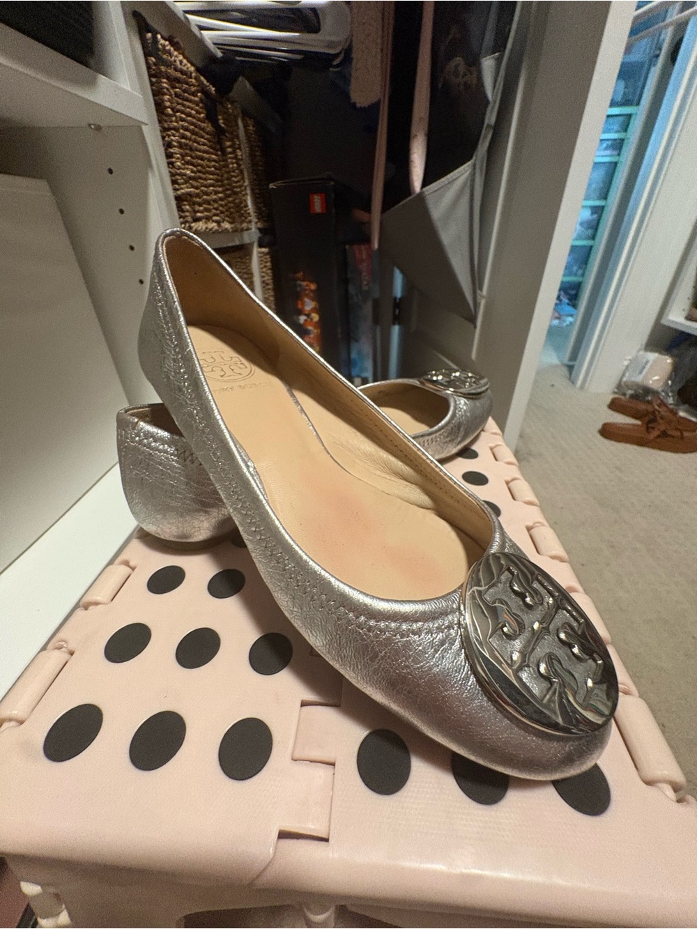 Tory Burch Silver Metallic Logo Cap-Toe Ballet Flats